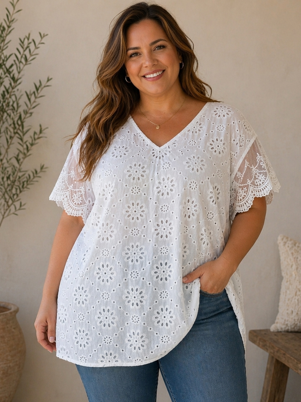White Eyelet V-Neck Blouse with Lace Sleeves And Open Back Size XL
